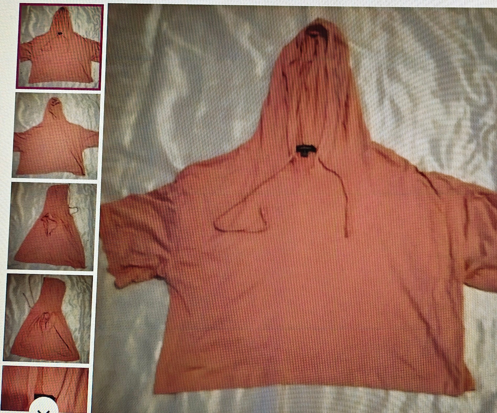 Brown ribbed hoodie on a textured surface with inset images showing different angles.