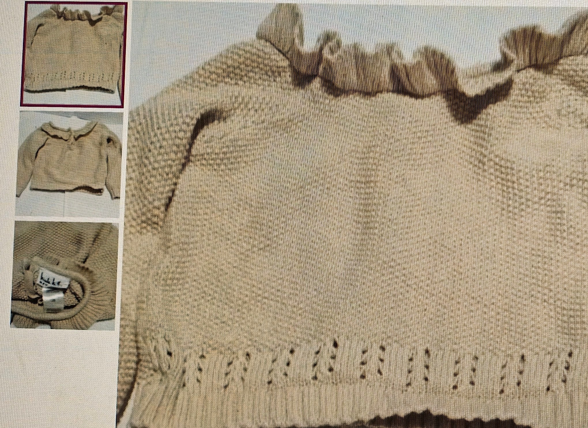 Beige knitted sweater with ruffled collar on a textured background