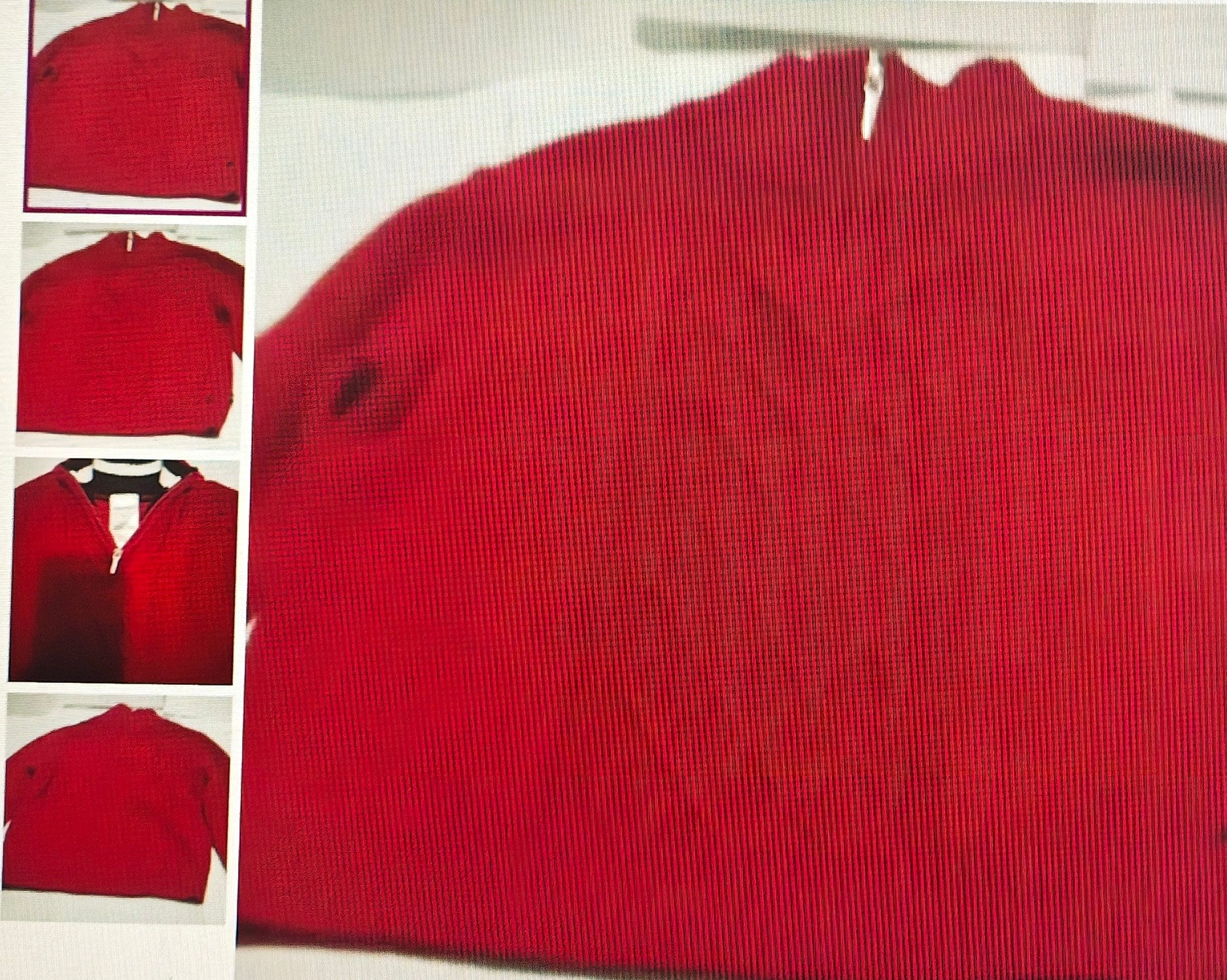 Red textured sweater with a close-up of a hole on a white background