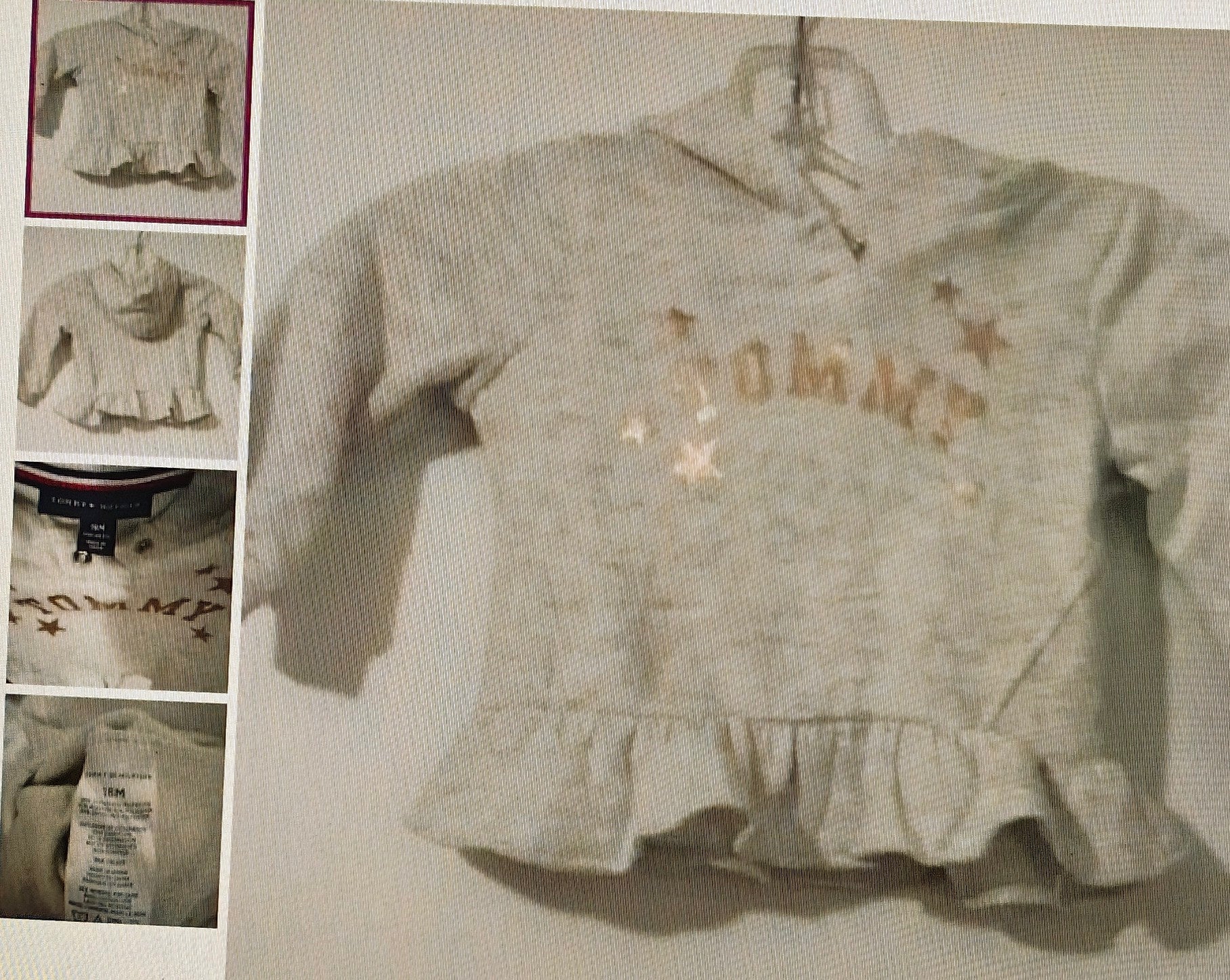 Children's sweater with 'Tommy' branding on a hanger against a white background