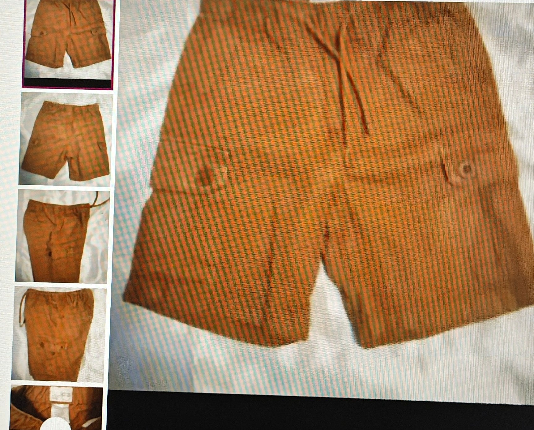 Brown checkered shorts on a white background with multiple views shown.