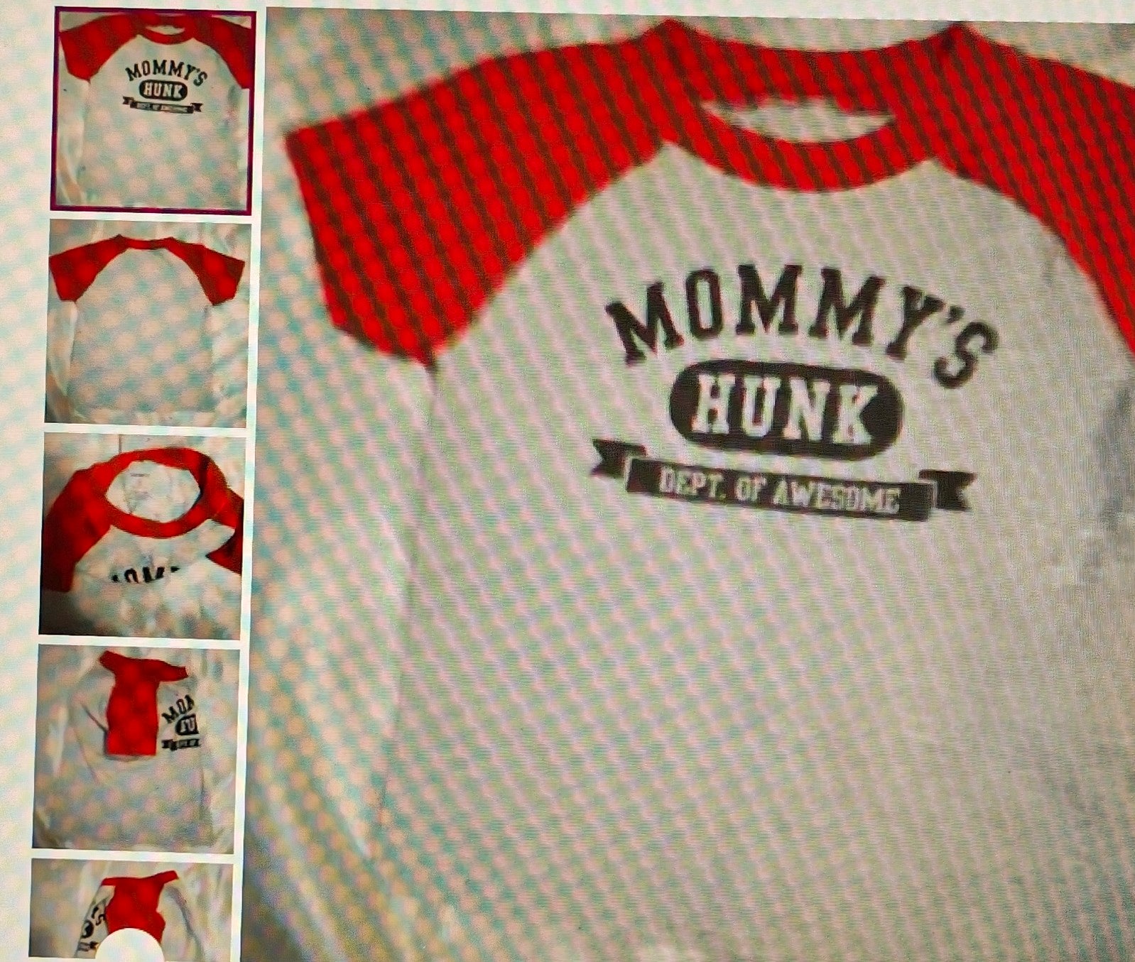 Red and white baseball shirt with 'Mommy's Hunk' text on a checkered background