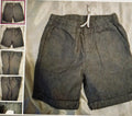 Dark denim shorts on a light gray surface with inset images showing different angles.