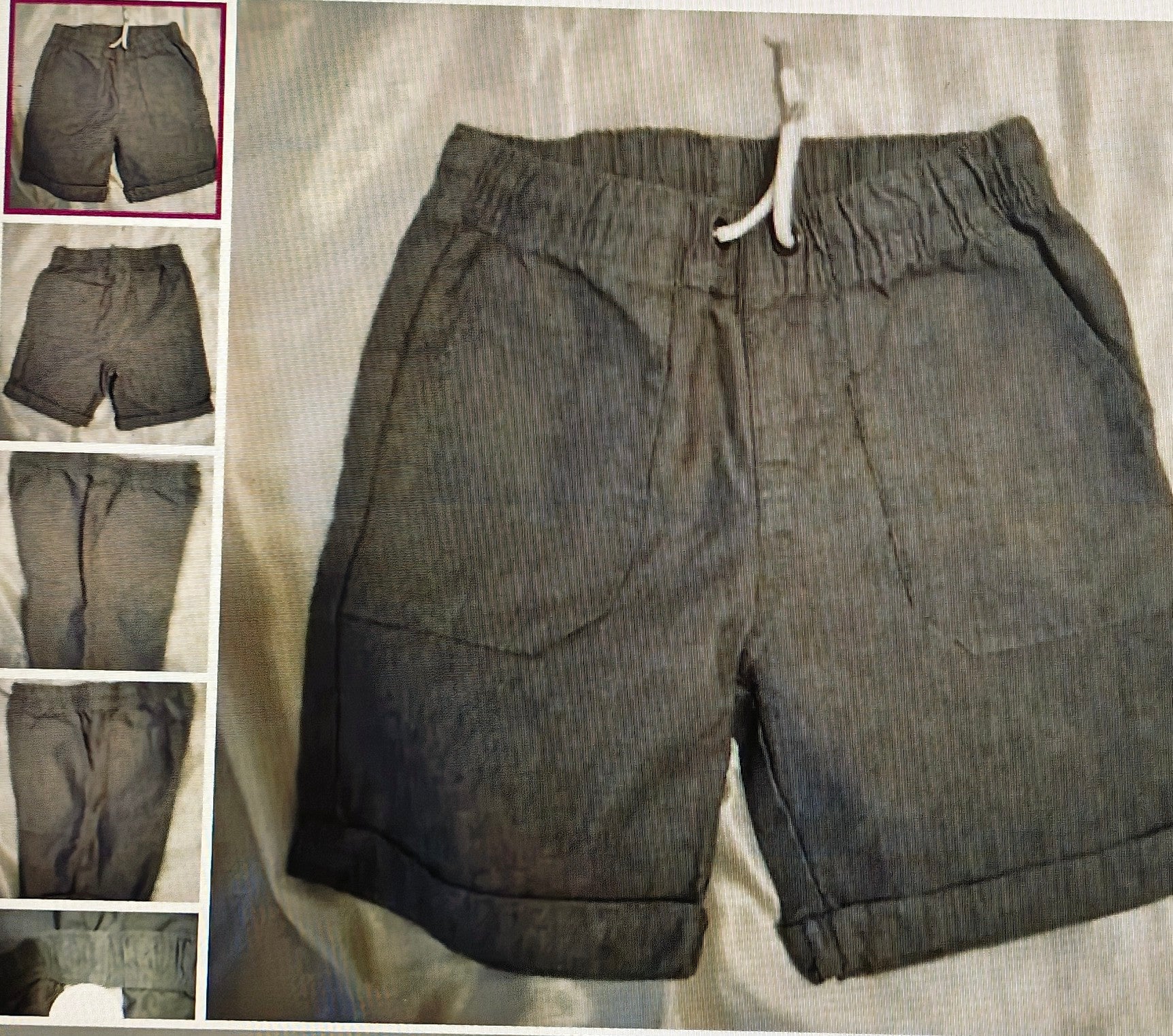 Dark denim shorts on a light gray surface with inset images showing different angles.