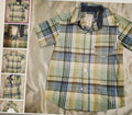 Plaid shirt with a collar on a textured surface, surrounded by smaller images of the shirt.