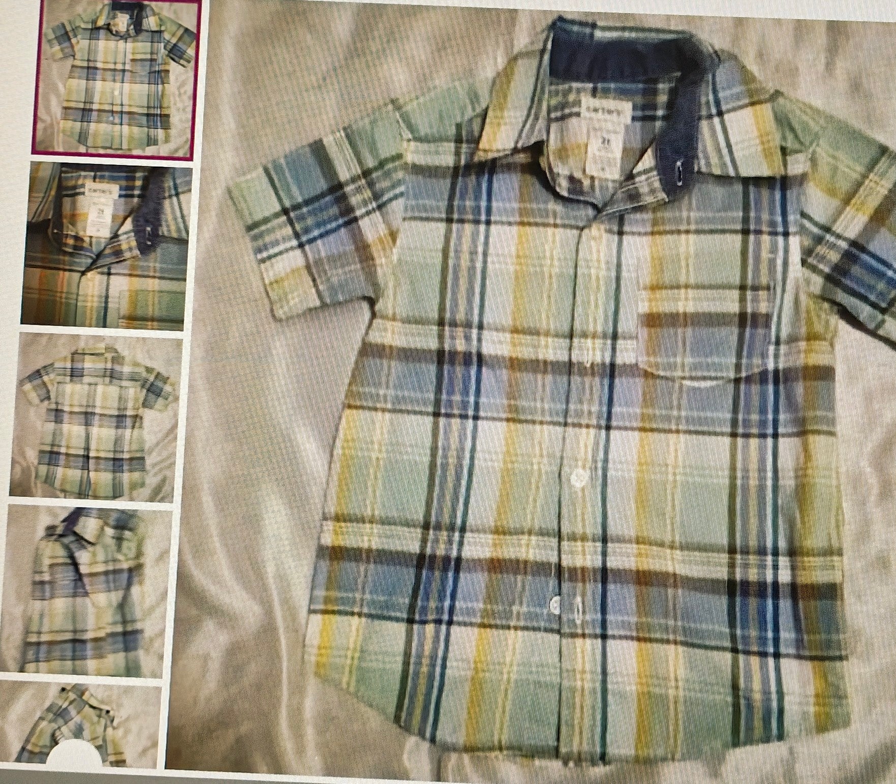 Plaid shirt with a collar on a textured surface, surrounded by smaller images of the shirt.