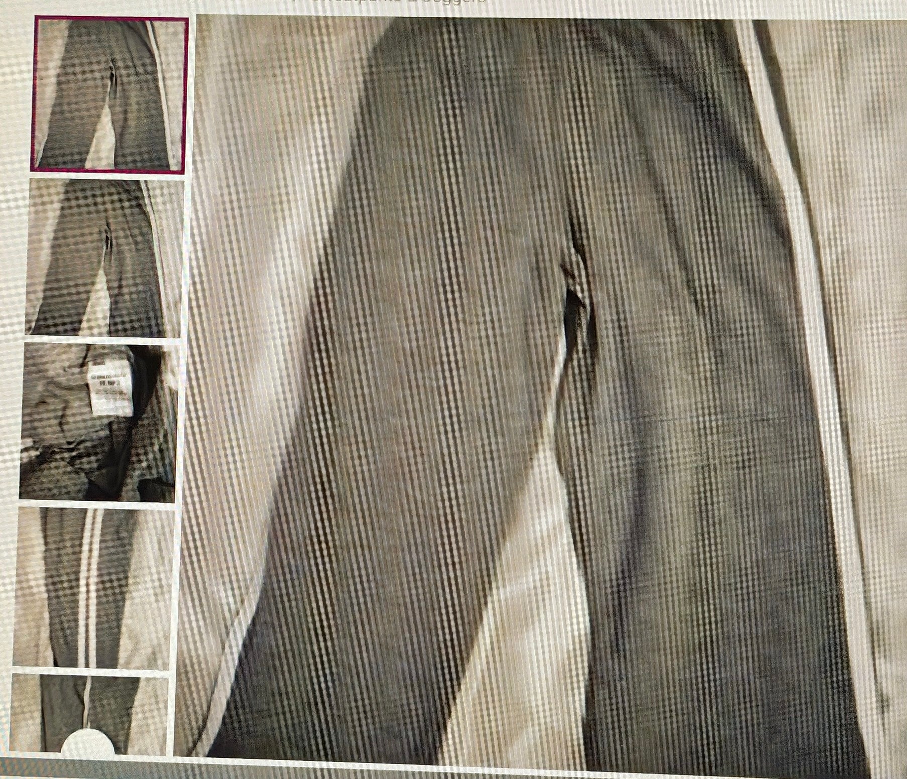 Gray pants displayed with a close-up inset on a light background