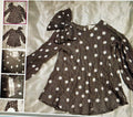Brown blouse with white polka dots and a large bow on a textured surface, surrounded by smaller images of the blouse.