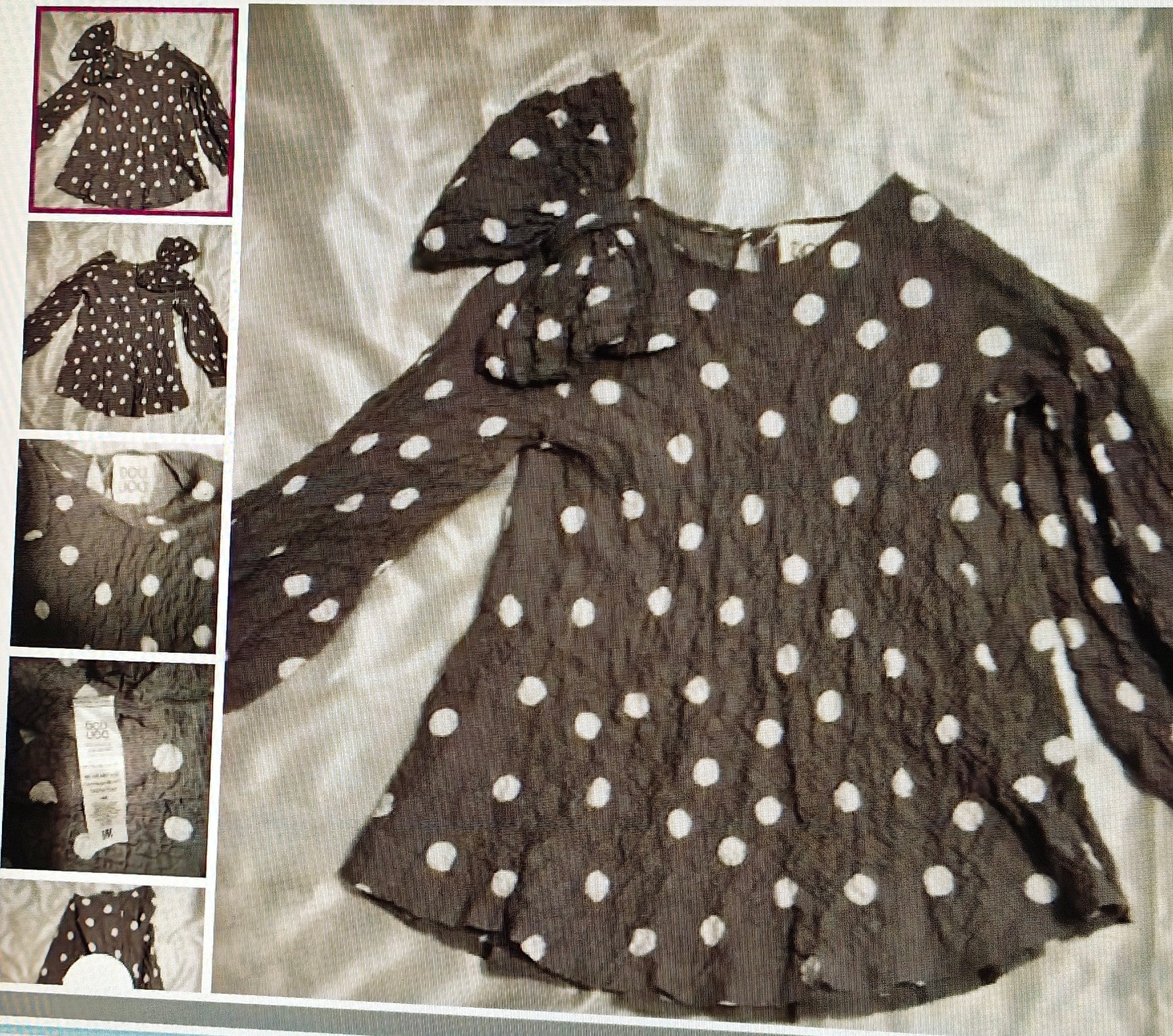 Brown blouse with white polka dots and a large bow on a textured surface, surrounded by smaller images of the blouse.