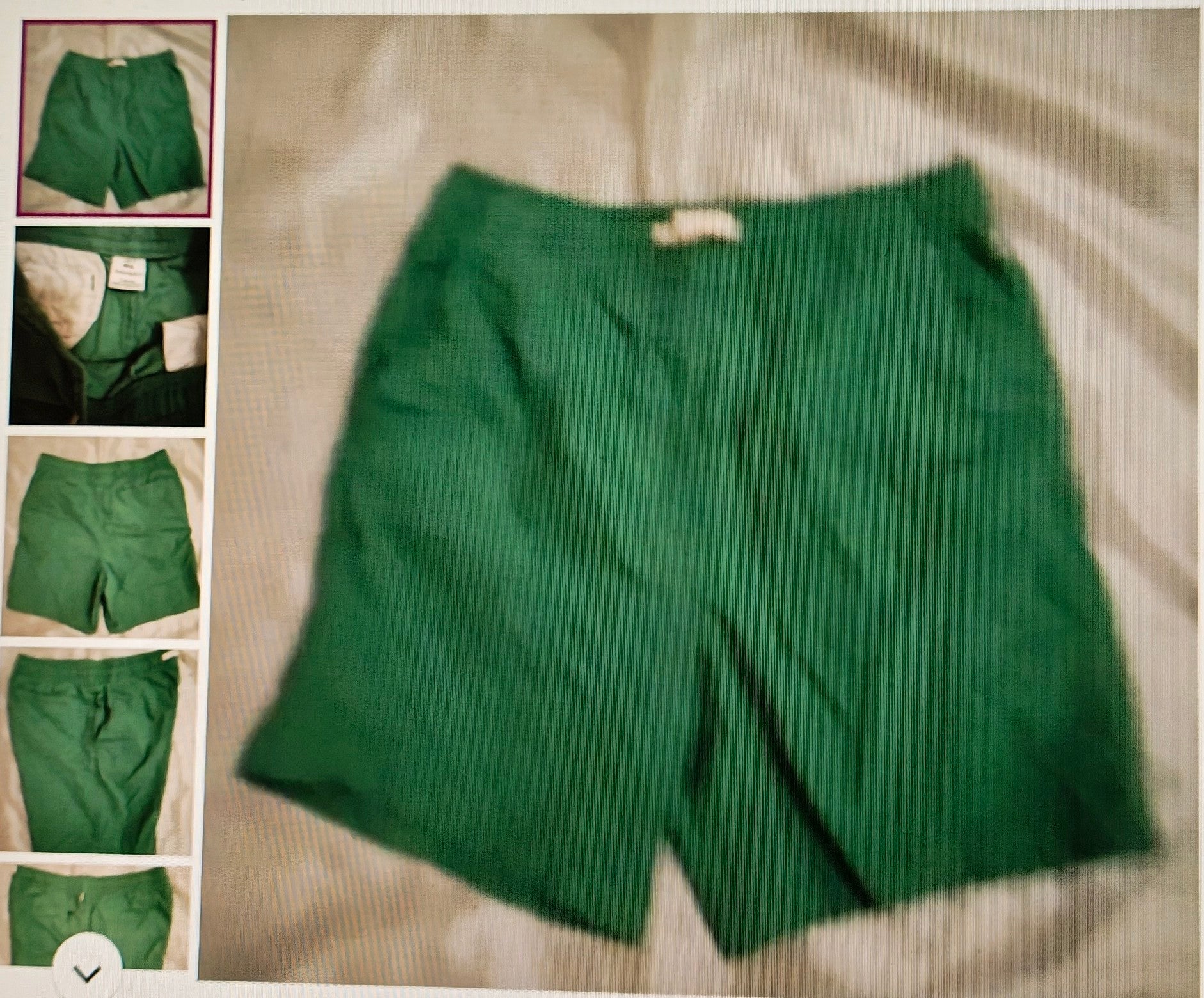 Green shorts on a beige surface with inset images showing different angles.