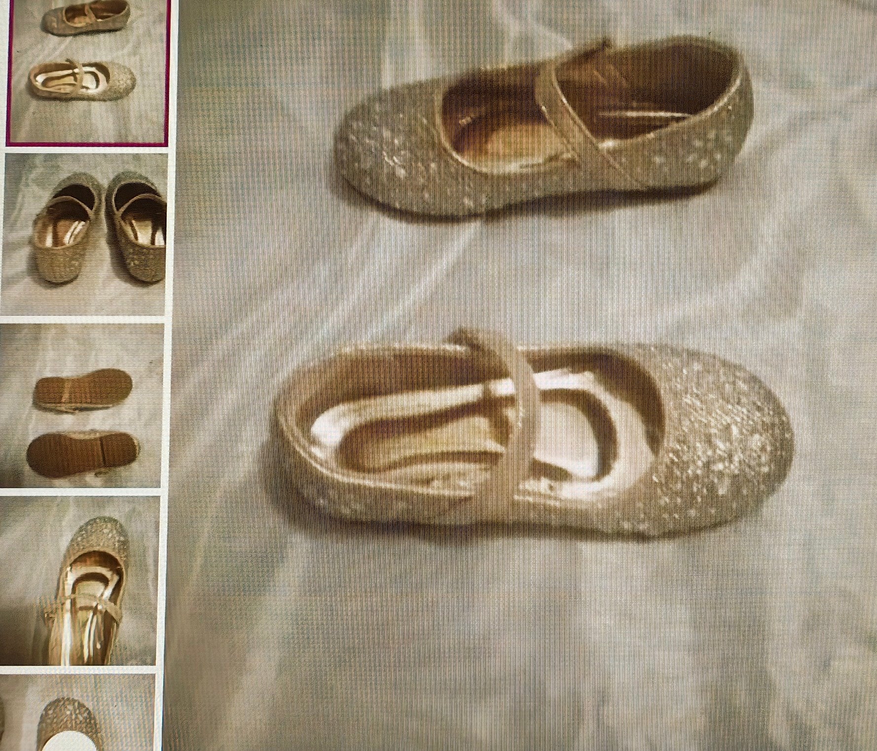 Gold glittery shoes on a textured surface with close-up insets.
