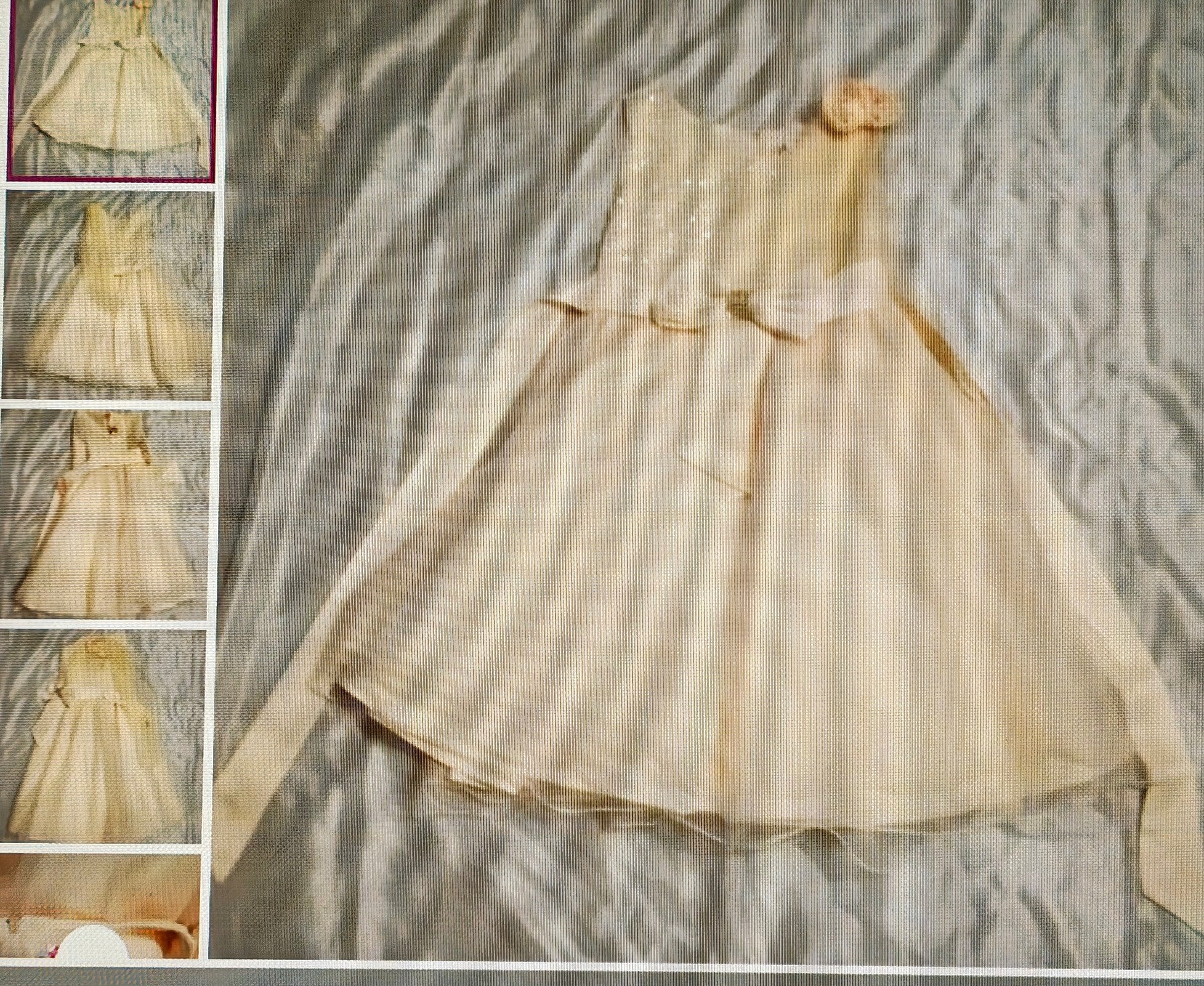 Beige dress with floral details on a textured surface, surrounded by smaller images of the dress.