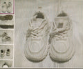 White sneakers on a textured surface with smaller images of the sneakers on the left.