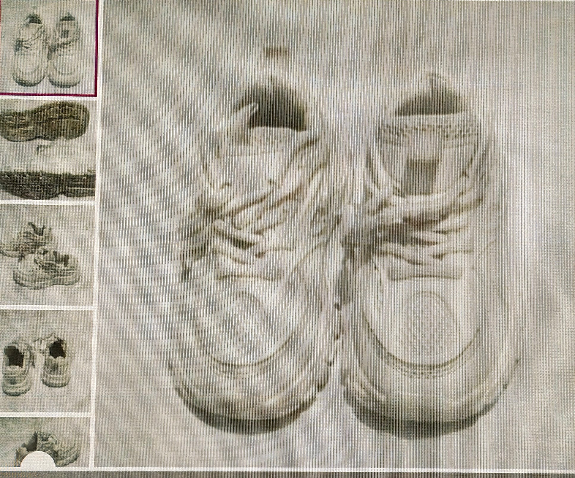 White sneakers on a textured surface with smaller images of the sneakers on the left.