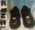Pair of black sneakers on a light blue fabric background with inset images showing different angles.