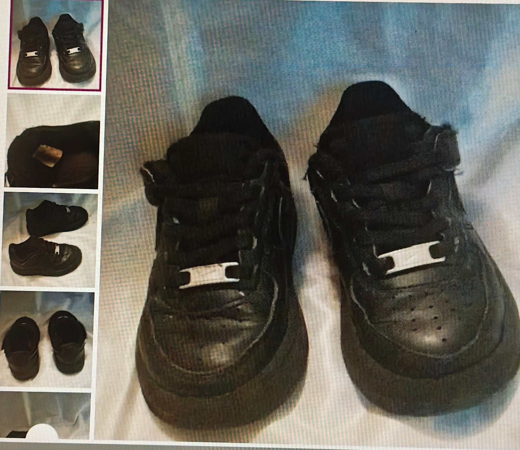 Pair of black sneakers on a light blue fabric background with inset images showing different angles.
