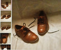 Brown leather shoes on a textured surface with close-up insets showing different angles.