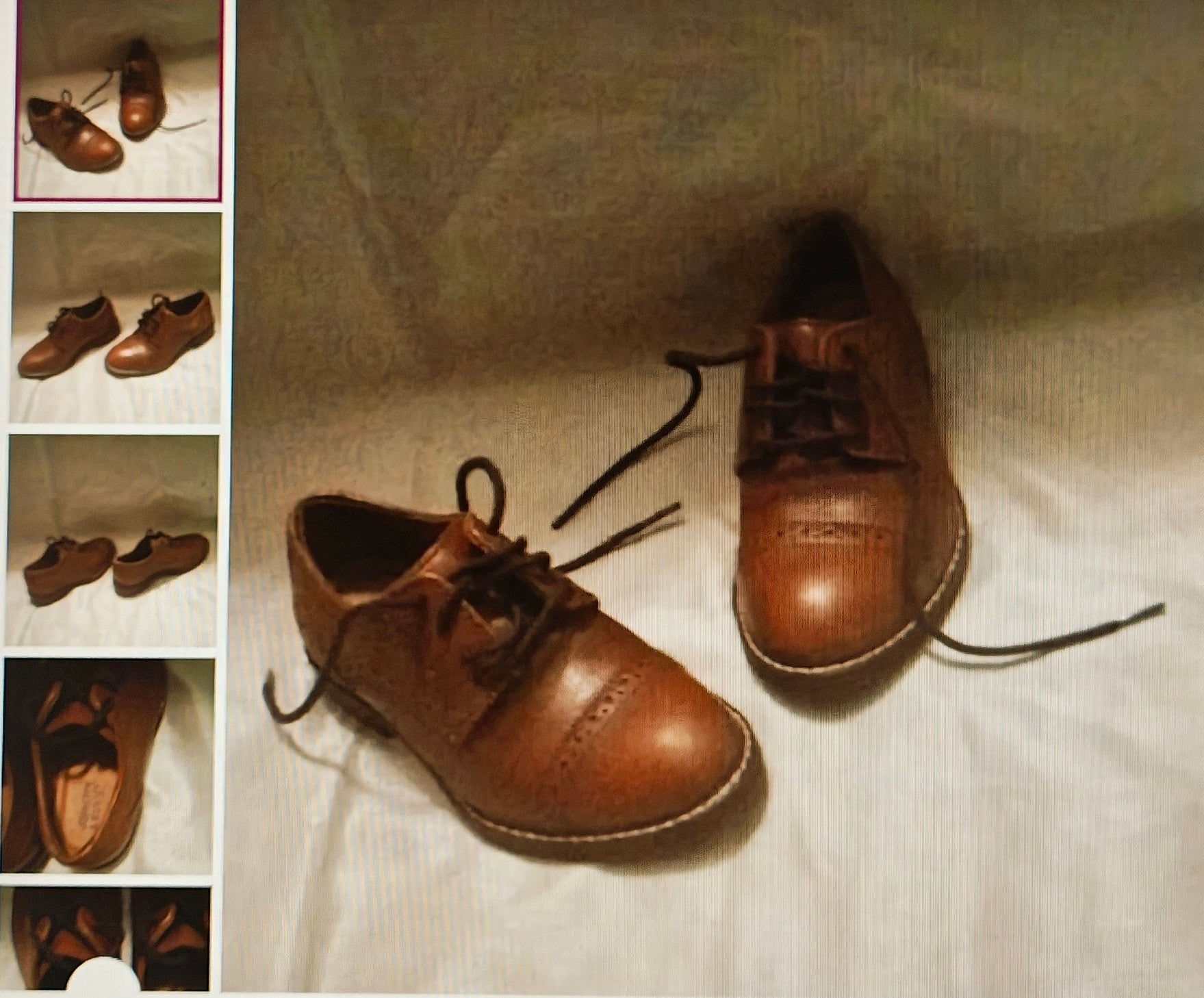 Brown leather shoes on a textured surface with close-up insets showing different angles.