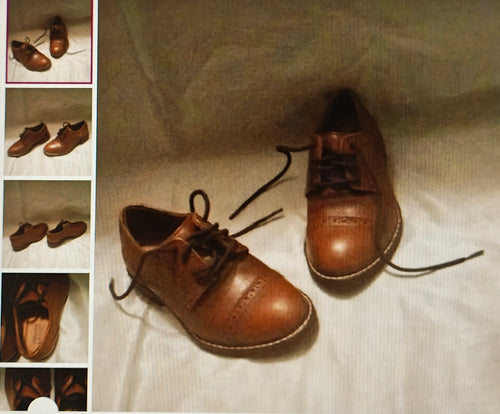 Brown leather shoes on a textured surface with close-up insets showing different angles.