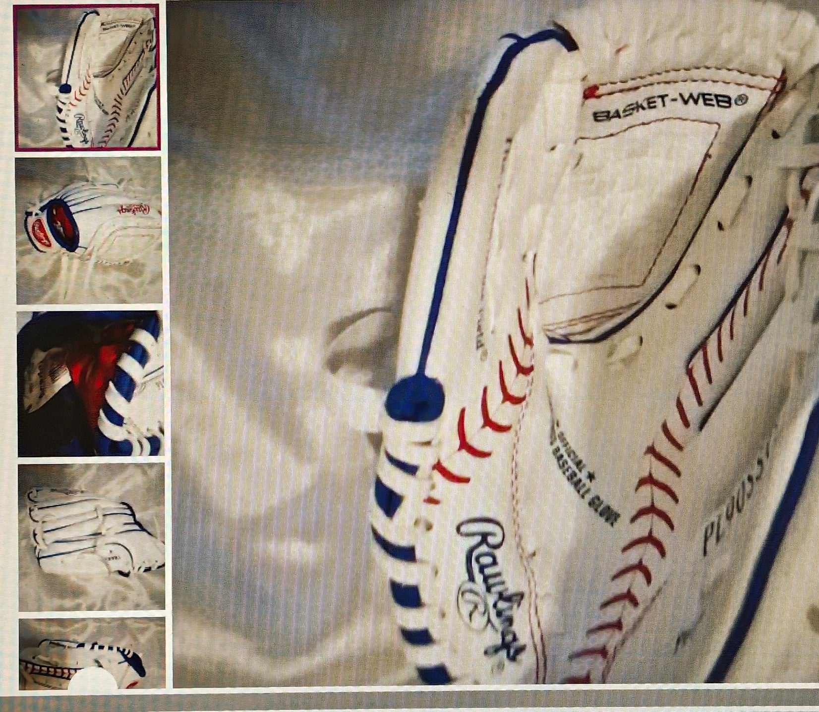 Close-up of a Rawlings baseball glove with additional images of the glove on the left.