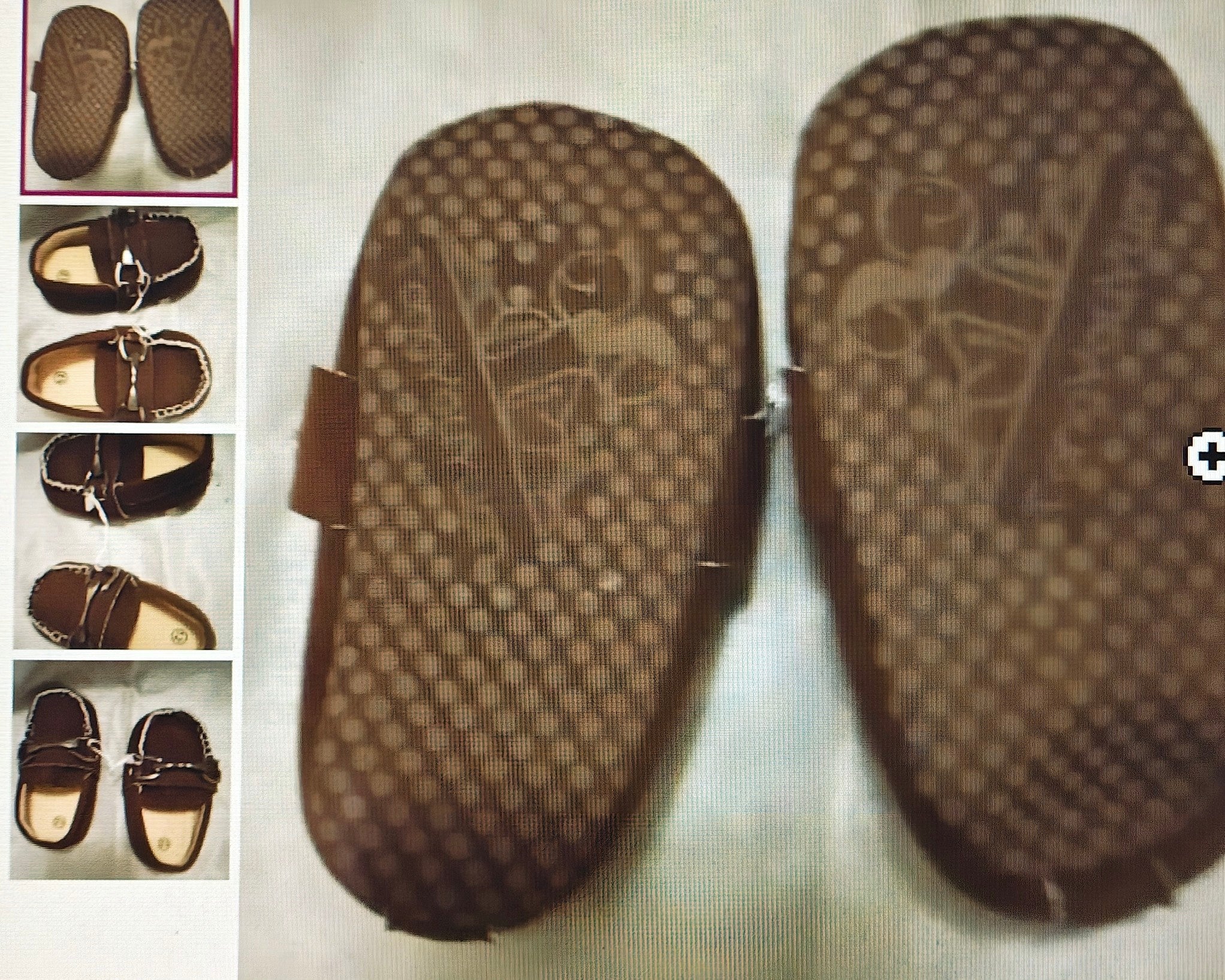 Brown shoes with detailed sole design on a light background