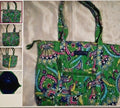 Green patterned handbag with multiple views on a textured surface