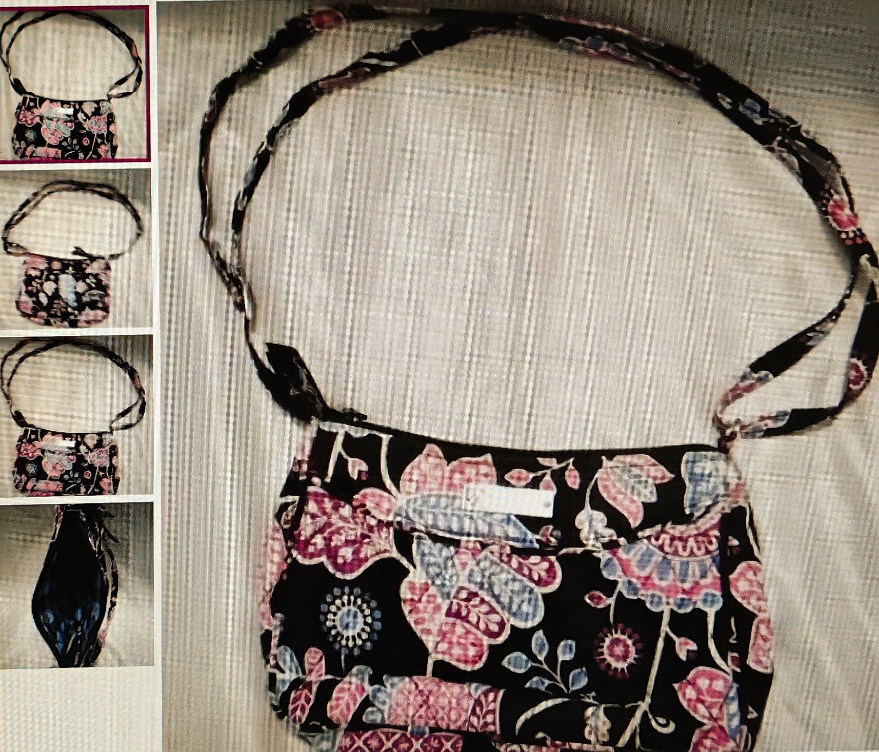 Floral patterned handbag on a light background with smaller images of the bag on the left.