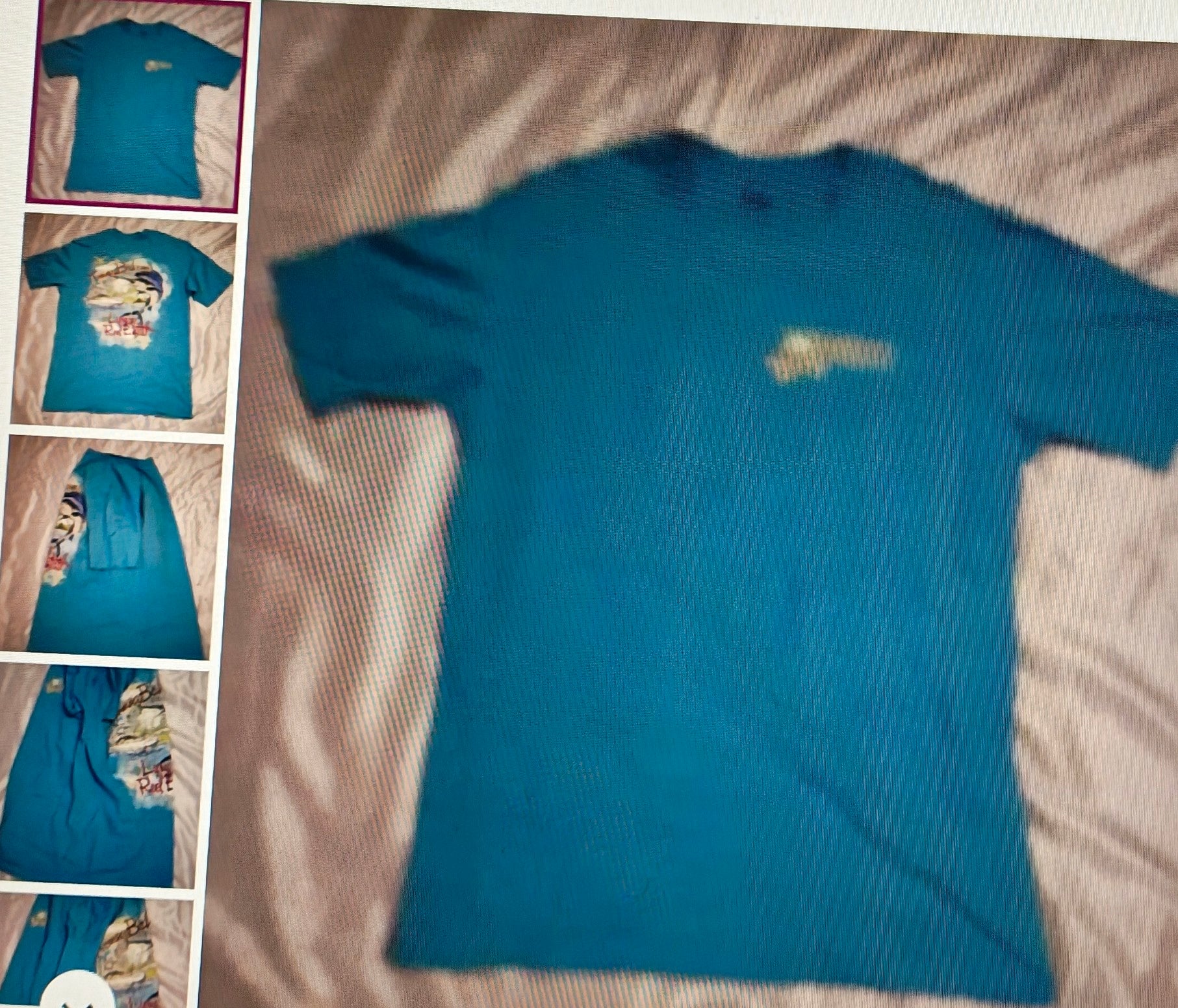 Blue t-shirt with a logo on a beige surface, surrounded by smaller images of the t-shirt.