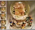 Snow globe with a village scene and miniature figures, surrounded by smaller images of the snow globe.