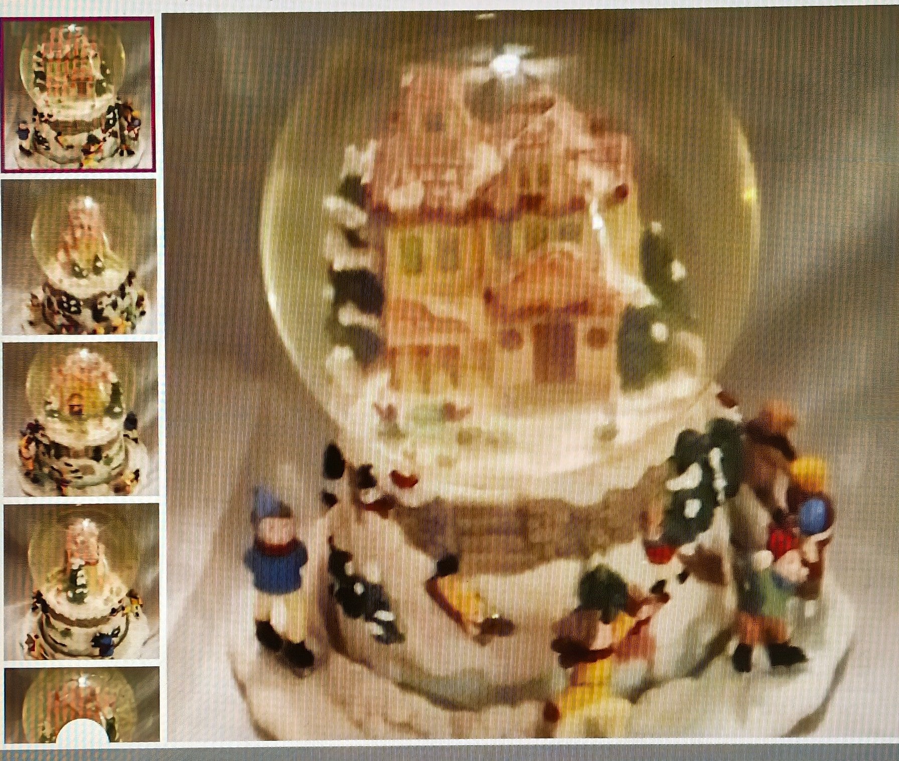 Snow globe with a village scene and miniature figures, surrounded by smaller images of the snow globe.