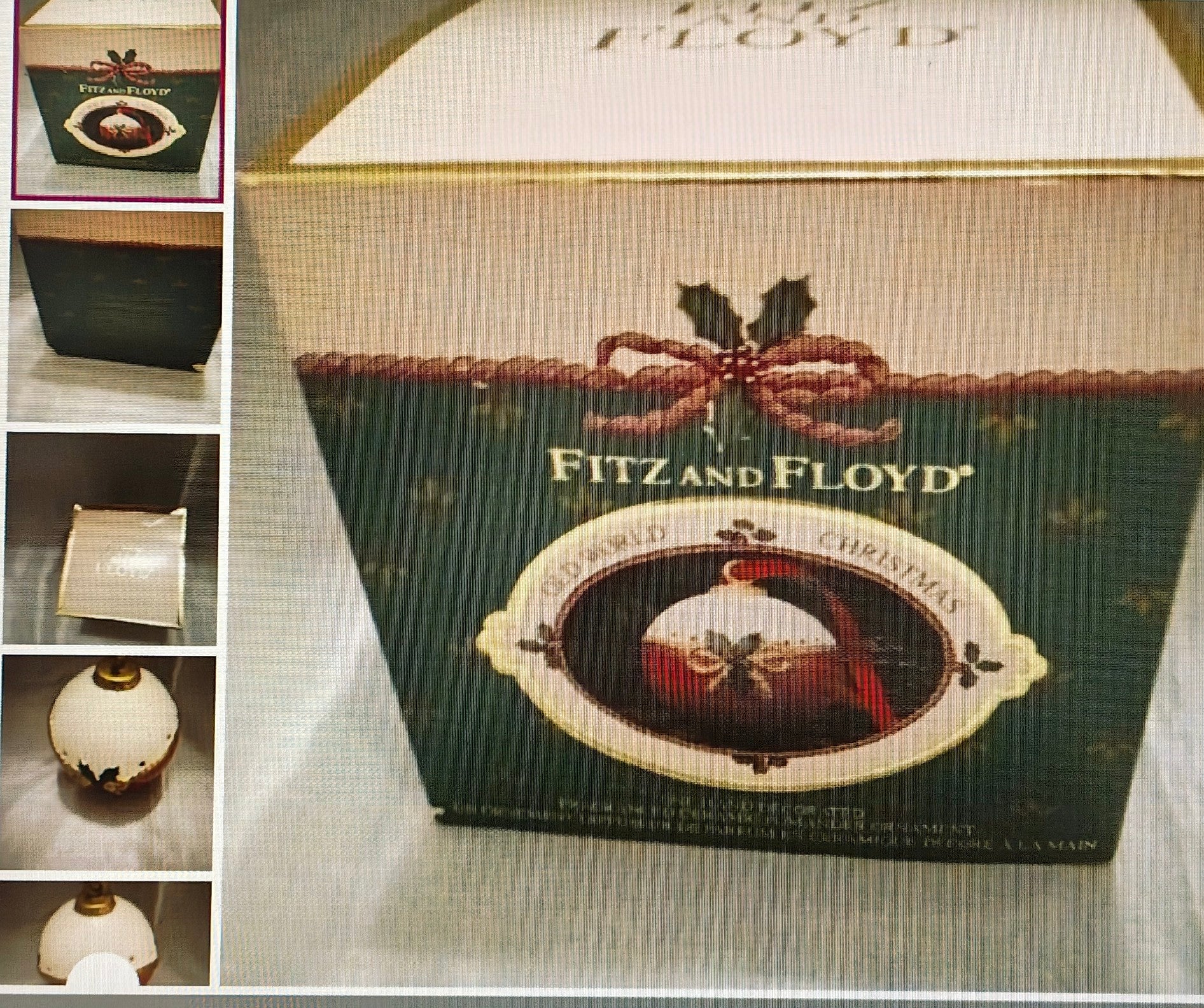 Fitz and Floyd Christmas ornament packaging with decorative elements.