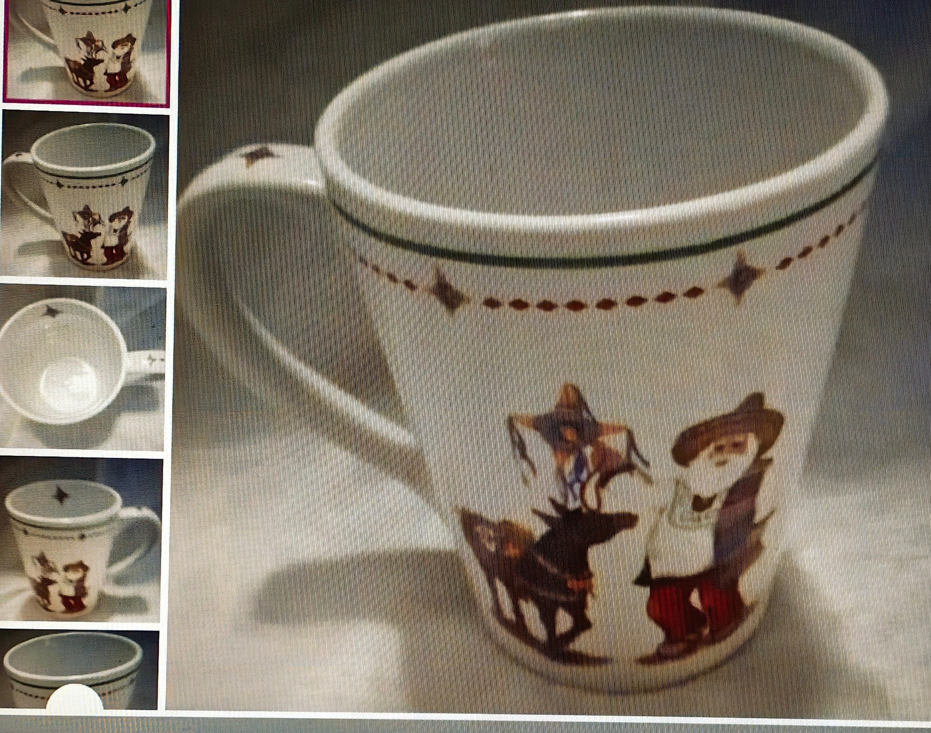 White mug featuring a colorful festive design with a man and a donkey.

