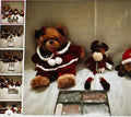 Two teddy bears in festive outfits on a textured surface with smaller images of the same scene.