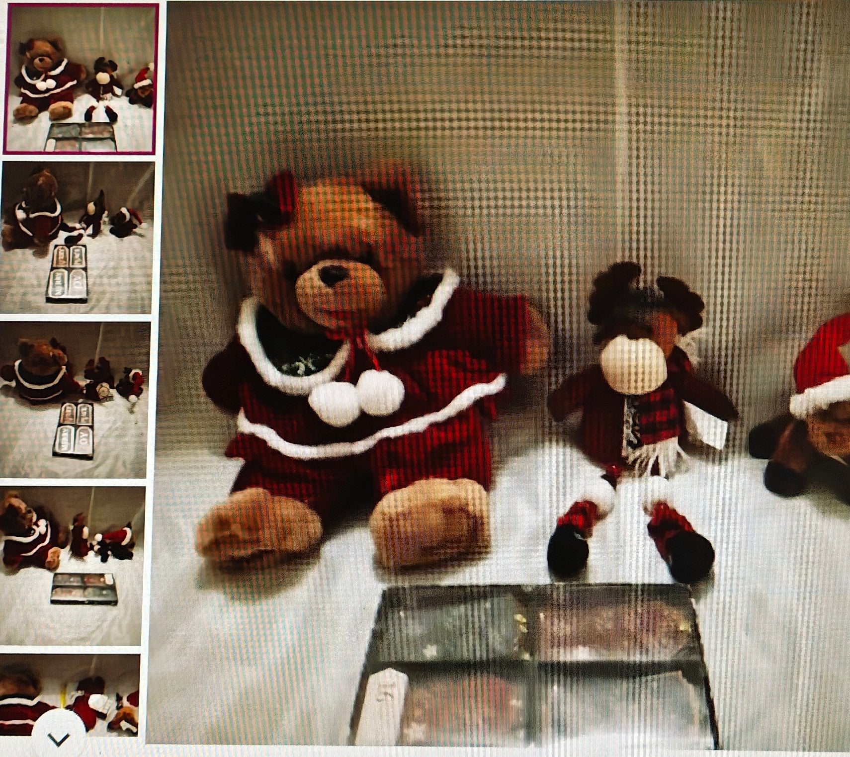 Two teddy bears in festive outfits on a textured surface with smaller images of the same scene.