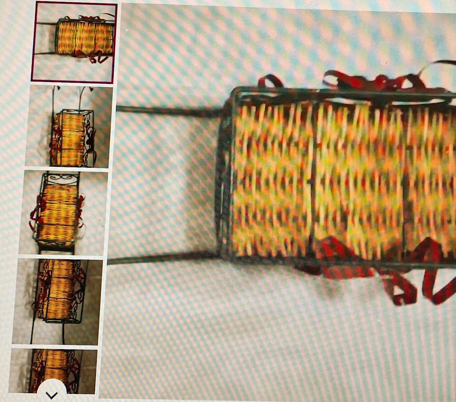 Woven basket with a textured pattern on a checkered background