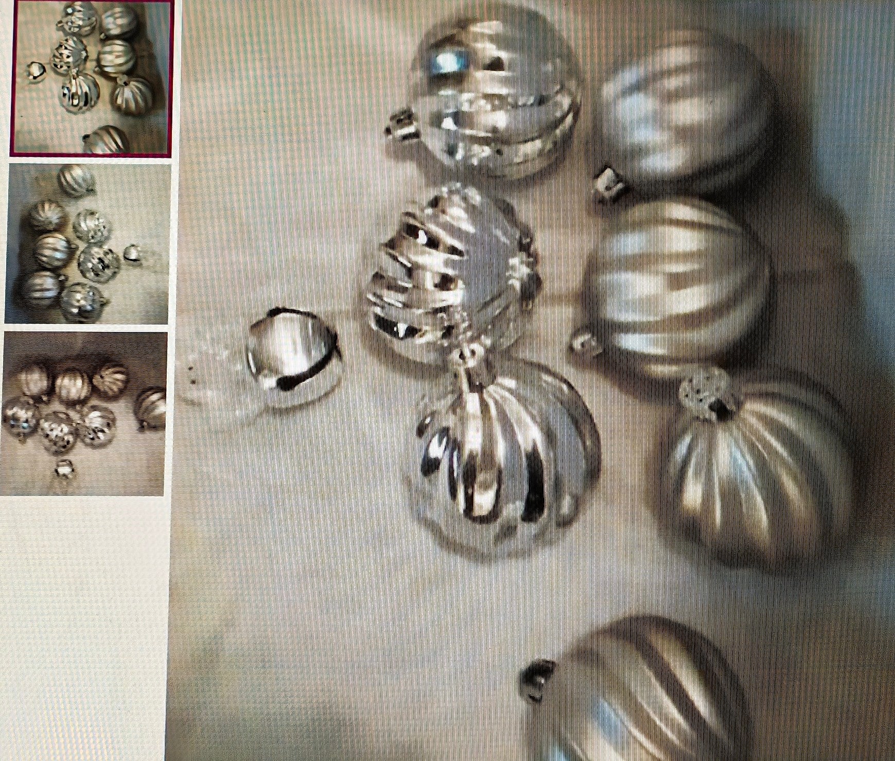Silver decorative balls on a textured surface with close-up inset images.