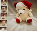 White teddy bear with red accents on a reflective surface