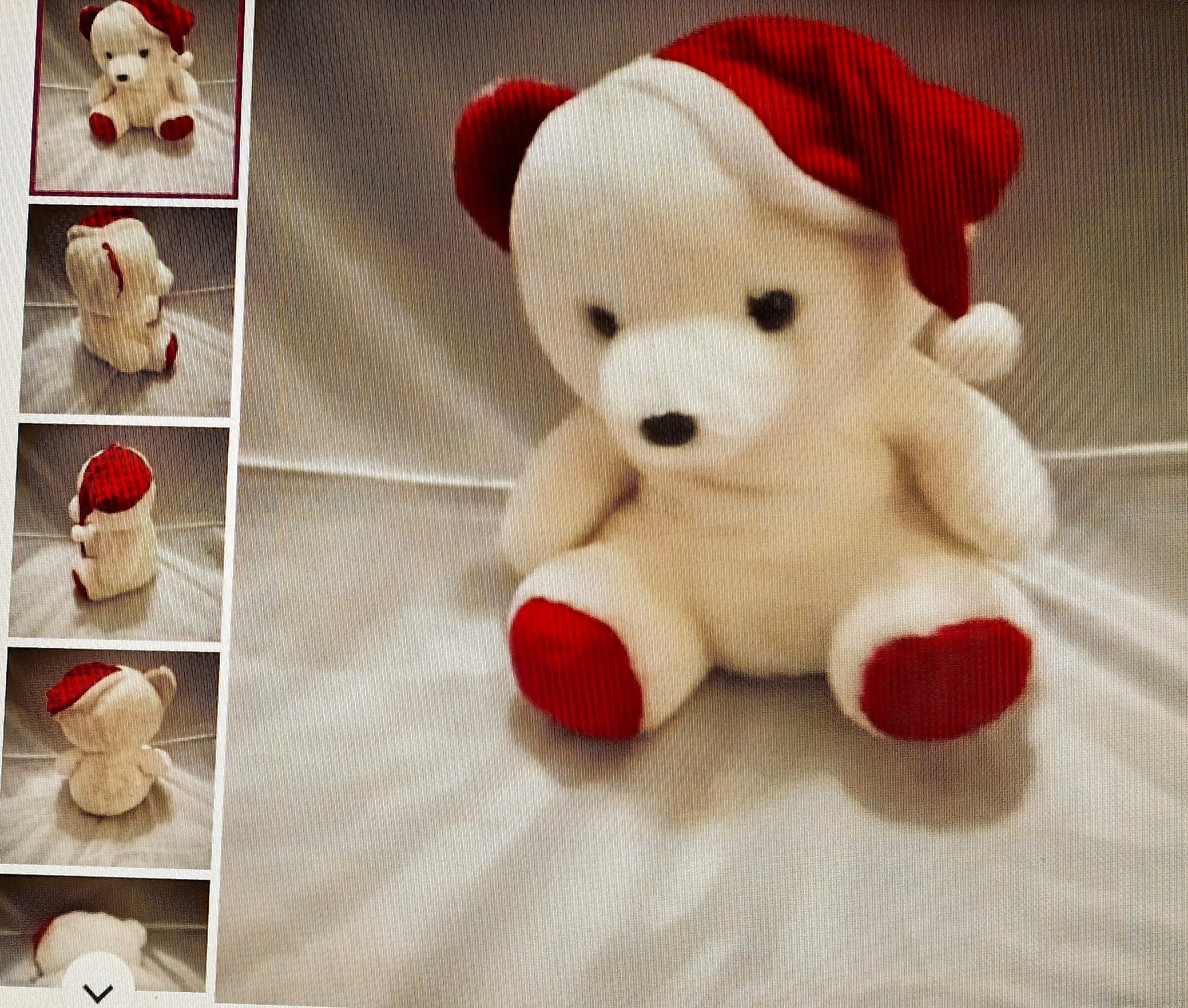 White teddy bear with red accents on a reflective surface