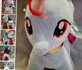Close-up of a plush toy with a colorful design, surrounded by smaller images of the same toy.