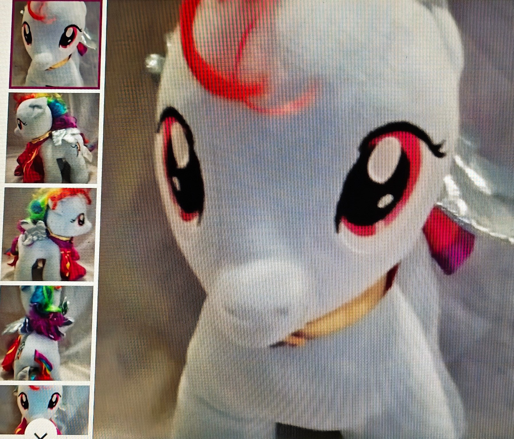 Close-up of a plush toy with a colorful design, surrounded by smaller images of the same toy.
