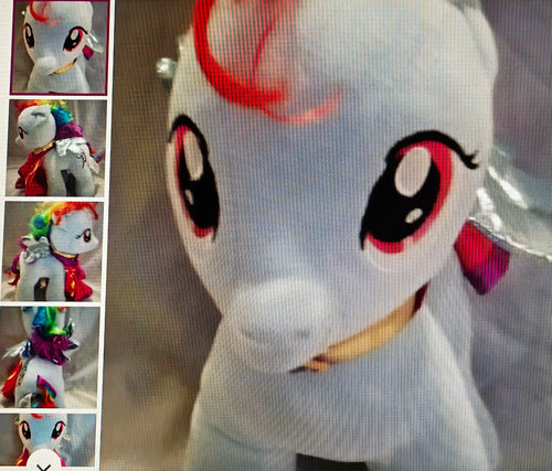 Close-up of a plush toy with a colorful design, surrounded by smaller images of the same toy.