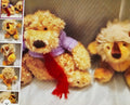 Teddy bear with a purple scarf and red tassel on a white surface, surrounded by smaller images of the bear.