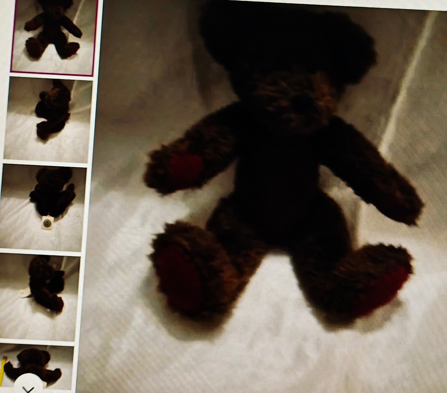 Brown teddy bear on a light-colored surface with a grid of smaller images showing different angles.