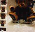 Plush bear with 100th Anniversary label on a striped background