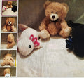 Collage of teddy bears with a close-up of a white plush toy with pink bow on a textured surface.