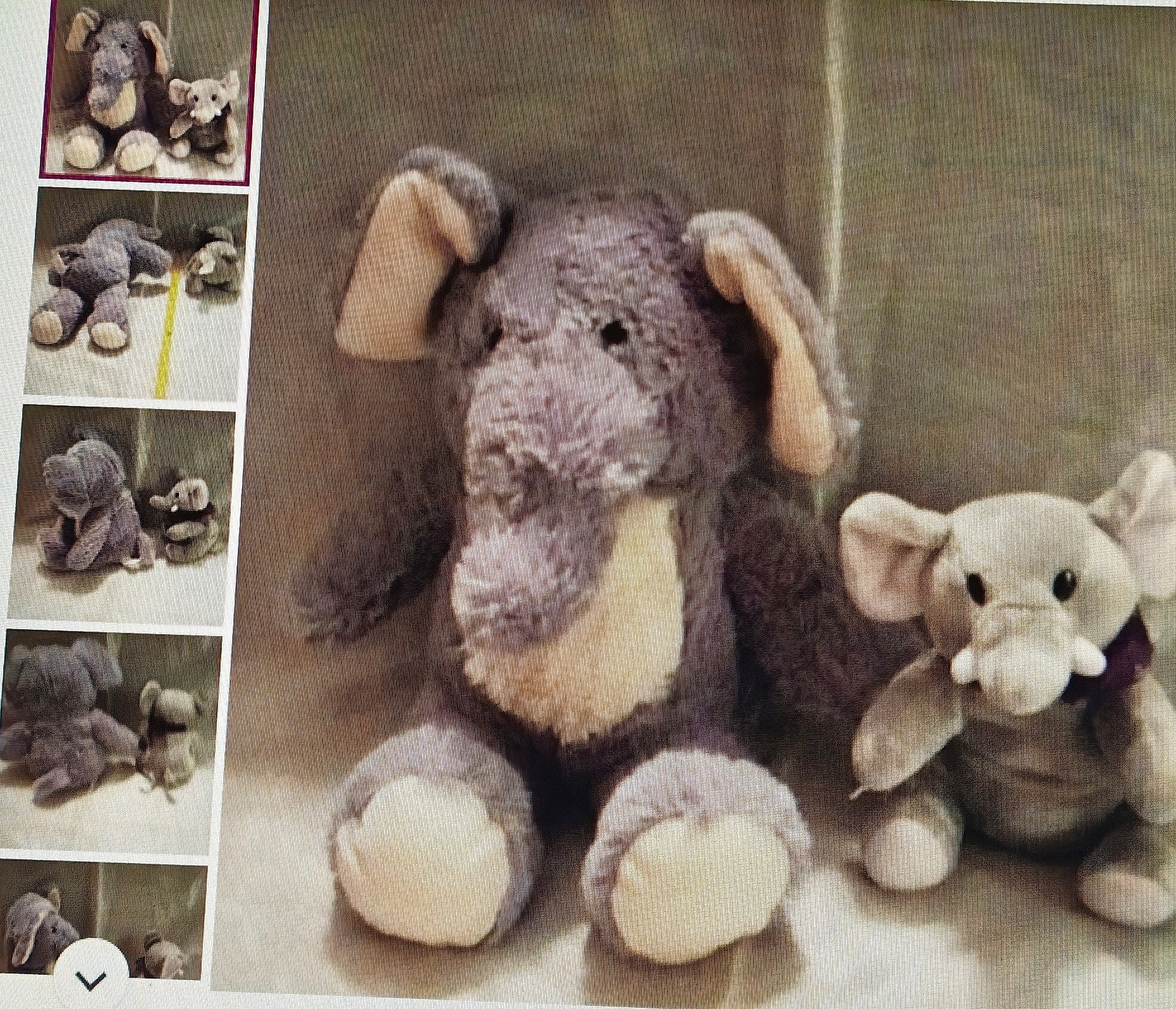 Stuffed elephant toys on a textured surface with smaller images of the same toy on the left.