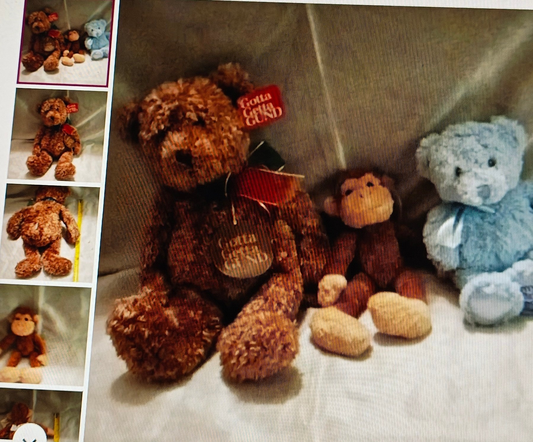 Collection of teddy bears and a monkey plush toy on a textured surface with a smaller inset image.