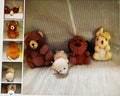 Collection of small stuffed animals on a textured surface with close-up insets.