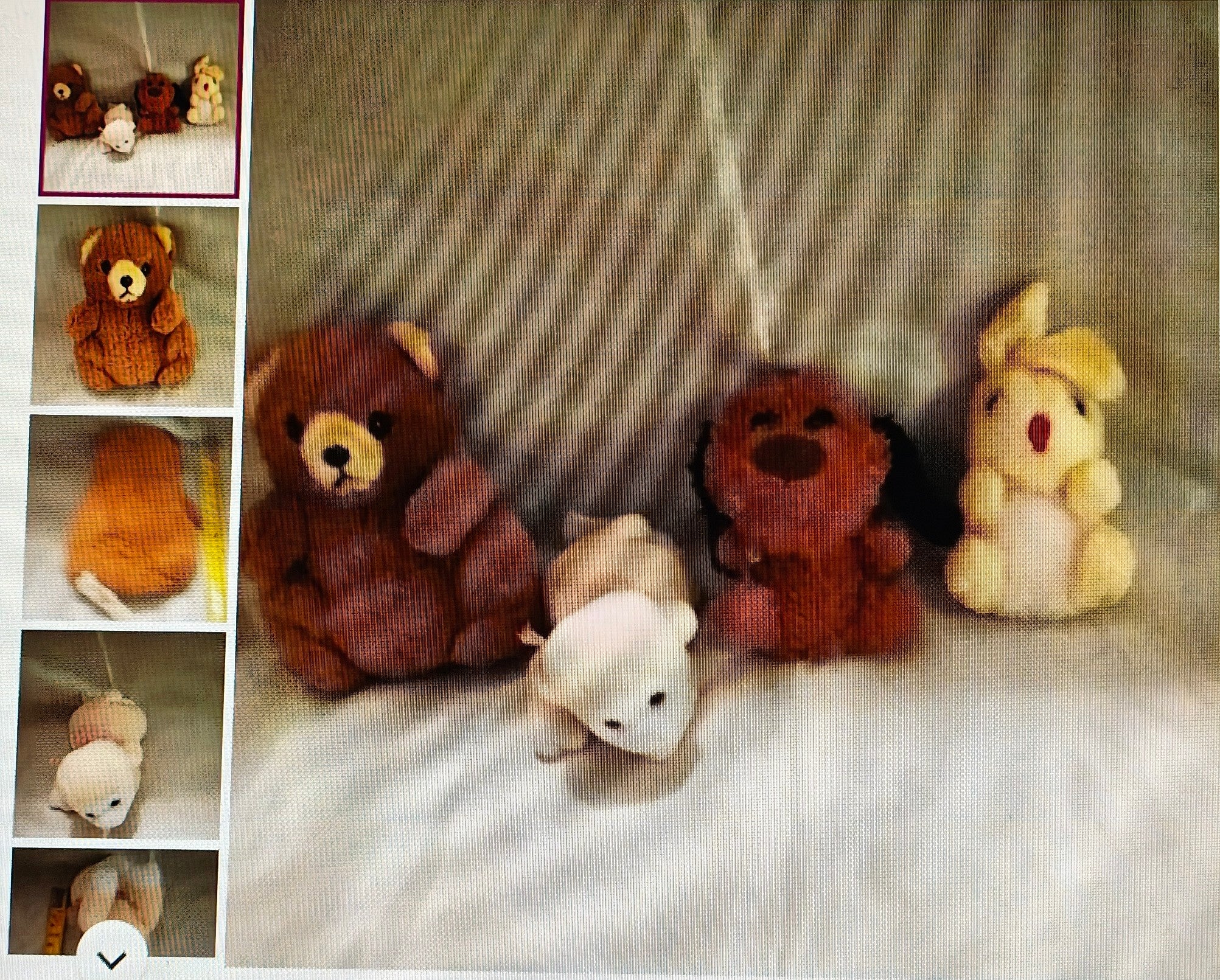 Collection of small stuffed animals on a textured surface with close-up insets.