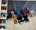 Collection of small stuffed animals on a textured surface with close-up insets.